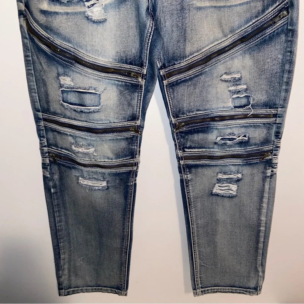 Smoke Rise Vintage Denim Jeans Mens 38X32 Distressed Moto Biker Zippers Y2K